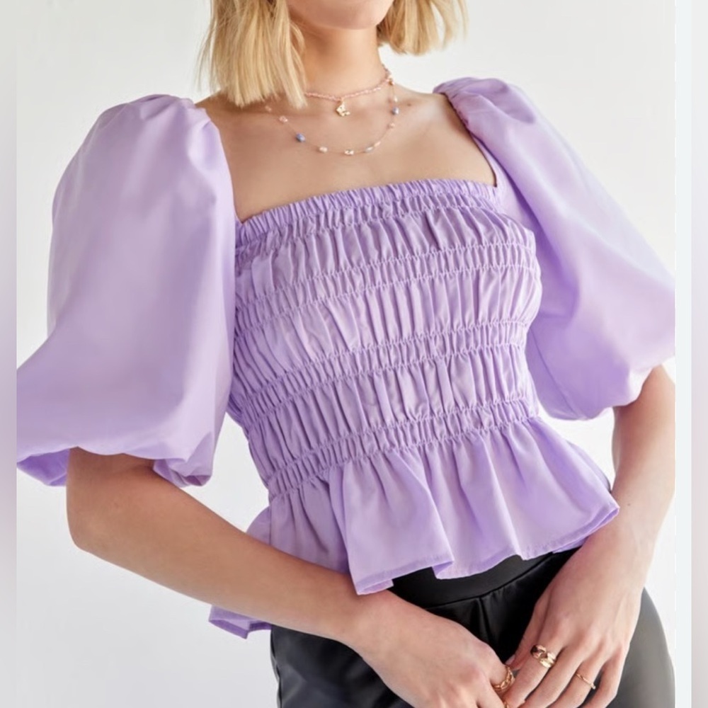 Francesca’s MI AMI Womens Large Square Neck Smocked Top Puff Shoulders Lavender